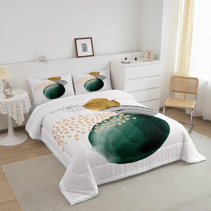 Erosebridal Abstract Artwork Comforter Twin Geometric Circle Bedding Set, Aesthetic Minimalist Down Comforter Blackish Green Turqoise Bed Set, Beige White Quilted Duvet Cozy Soft 2pcs