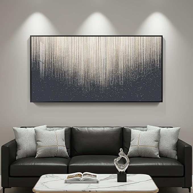 Extra Large Framed Horizontal Modern Wall Art for Living Room, Abstract Minimalist Black Silver Line Prints Paintings, Contemporary Picture Artwork Decor for Bedroom Office Hallway, 56x28 Inch