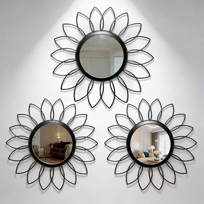 Black Flower Mirror Set of 3, 3PCS Metal Round Decorative Wall Mirrors, Floral Petal Accent Mirror Wall Decor for Living Room, Bedroom, Entryway & Bathroom
