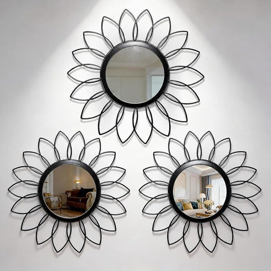 Black Flower Mirror Set of 3, 3PCS Metal Round Decorative Wall Mirrors, Floral Petal Accent Mirror Wall Decor for Living Room, Bedroom, Entryway & Bathroom