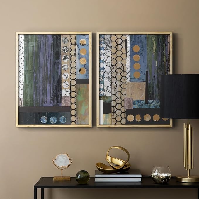 Renditions Gallery Set of 2 Peel & Stick Framed Prints, Geometric Abstract Wall Art, Hexagonal and Circular Pattern Wall Decor, Re-Stickable - Ready to Hang - 22"x28" - NATURAL WOOD Frame LT588