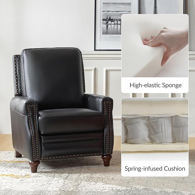 HULALA HOME Genuine Leather Recliner Chair, Classic Push Back Recliner Armchair with Thick Seat and Backrest (Black)