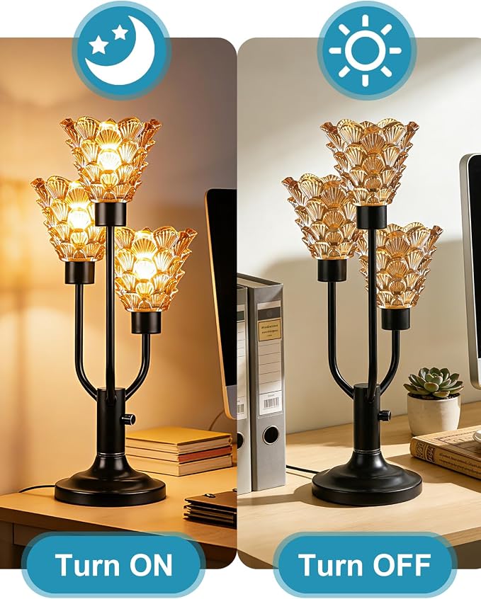 Lightdot Vintage Mid Century Modern Table Lamp for Living Room Dimmable Nightstand Lamp Black Desk Lamp Amber Glass 3 Bulbs Included Warmwhite Ambient Bedside Lamps for Bedroom Home Office Decor Gift