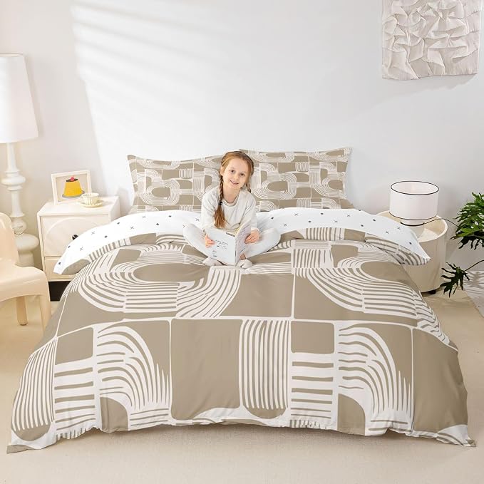 Erosebridal Mid Century Abstract Comforter Cover Queen Size Bohemian Geometric Kids Duvet Cover Modern Aesthetics Striped Bedding Set for Boys Teens Adult Bedroom Boho Minimalist Stripes Bed Sets