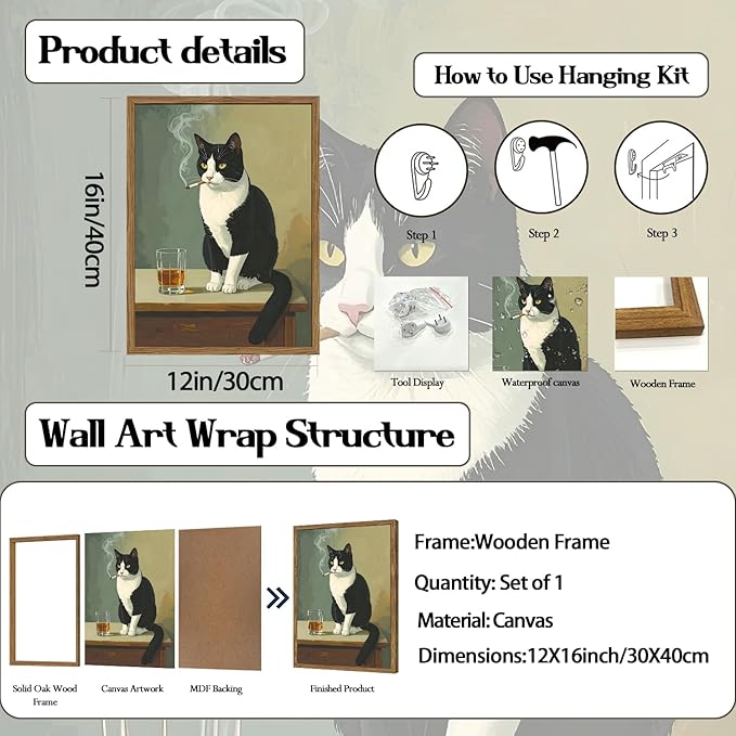 Funny Cat Wall Art Cute Black and White Tuxedo Cat with Cigarette Wall Decor Painting Vintage Animal Bar Poster Canvas Picture Print for Living Room Bedroom 12x16 inch Wood Framed