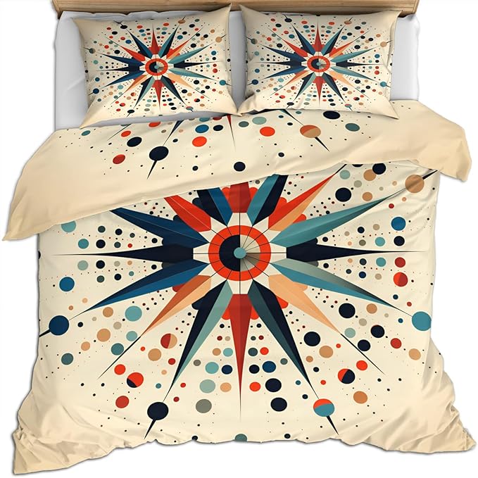 Retro Mid Century Duvet Cover Twin Vintage Geometric Bedding Set 2 Piece for Kids Decor Colorful Atomic Comforter Cover and 1 Pillow Sham with Zipper Closure