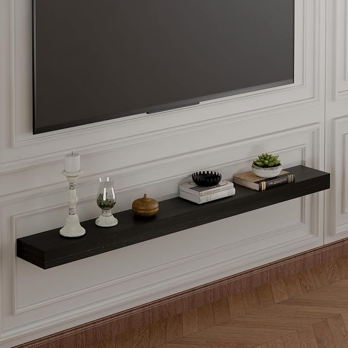 IEO Long Wooden Floating Shelves for Room Wall, Natural Wood Floating Shelves Wall Mounted Kitchen Shelf for Living Room, Bedroom, Kitchen,Bathroom, Storage (Black, 48in 1tier)