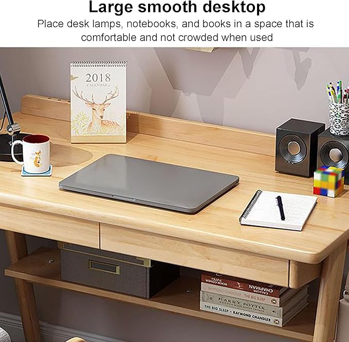 Solid Wood Writing Desk, Home Office Desk Workstation with Drawers and Hook, Mid-Century Modern Computer Work Study Table with Storage Shelf for Small Spaces(120x60x75cm(47x24x30inch), White)