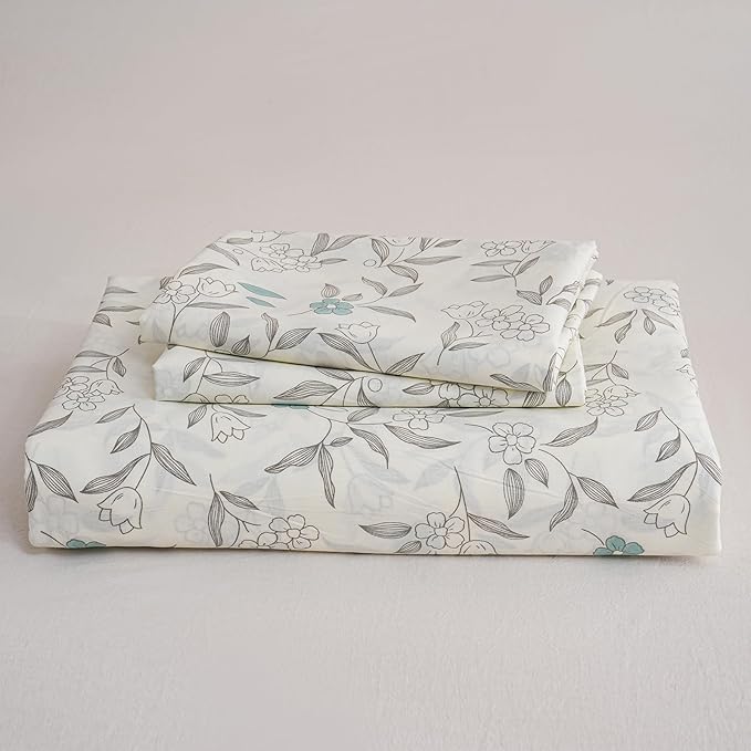100% Cotton Floral Duvet Cover Set Queen Size Ultra Soft Breathable Blue Floral Grey Leaves Bedding Set for Women with Zipper Closure 3 Pcs Chic Reversible Duvet Cover for All Season