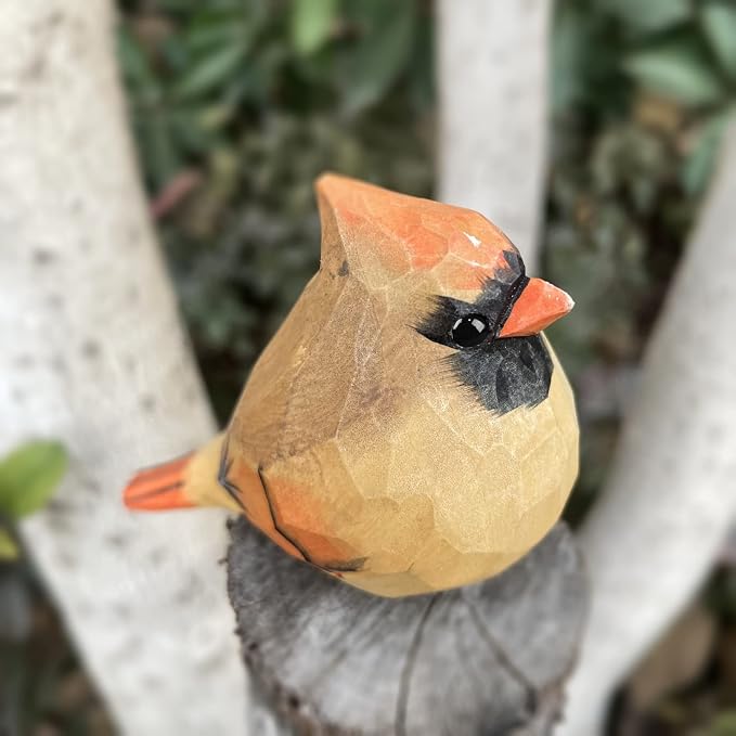 Hand Carved Painted Wooden Birds for Home Decor - Female Cardinal Statue for Bird Lovers, Housewarming, Birthday, Christmas, Anniversaries