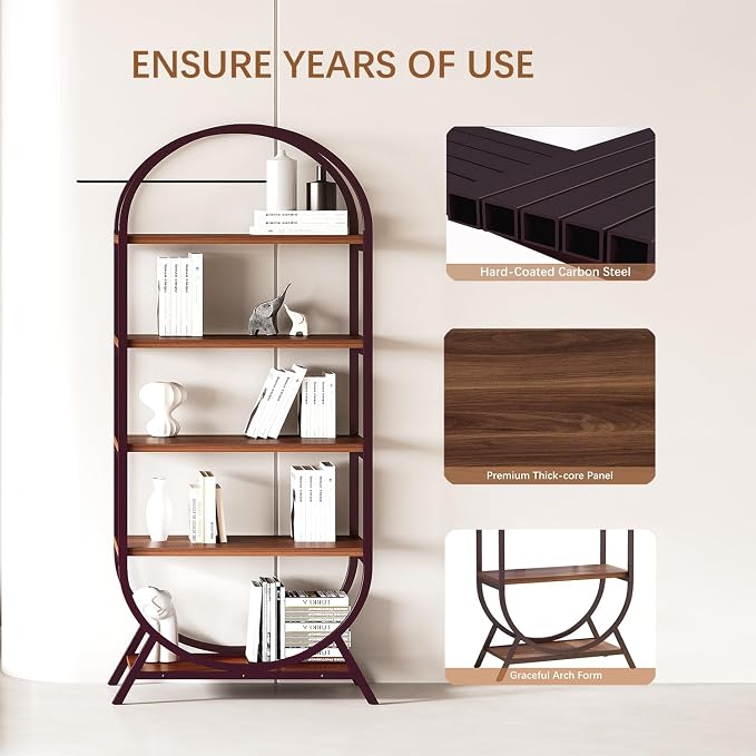 Bookshelf Arched Bookcase, 5 Tier Open Freestanding Display Shelf for Home Office, Living Room, Walnut