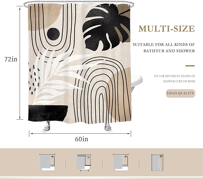 Glawry Boho Mid Century Shower Curtain Abstract Plant Tropical Palm Leaf Modern Minimalist Arch Geometric Bathroom Black Beige Brown 60Wx72L Inches Bath Accessories Art Home Decor Fabric 12 Pack Hooks