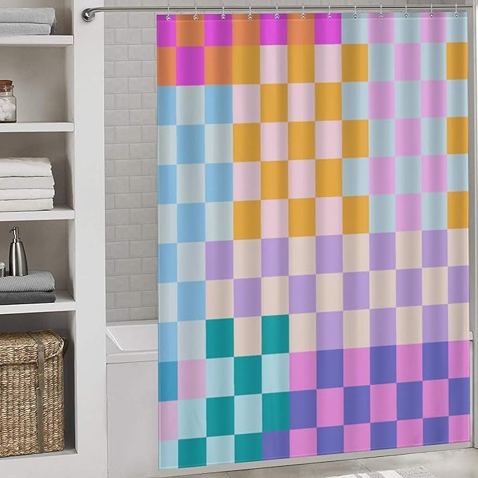 70s Checkered Shower Curtain, Retro Vintage Hippie Groovy Checkboard Colorful Rainbow Abstract Modern Cute Bright Funky Waterproof Fabric Bathroom Shower Curtain Set with Hooks, 72"x72"
