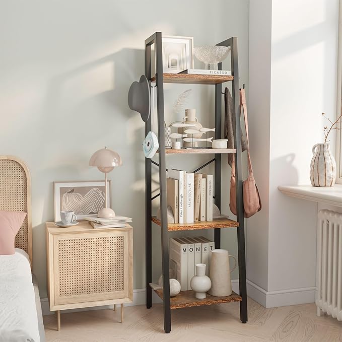 YMYNY 4 Tiers Ladder Bookcase, Industrial Narrow Bookshelf, Open Display Rack with 4 S Hooks, Metal Storage Shelves for Bedroom, Home Office, Living Room, Rustic Brown, 49.2H*13.4L*11.8W, UHBC024H