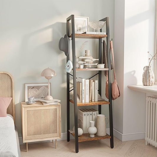 YMYNY 4 Tiers Ladder Bookcase, Industrial Narrow Bookshelf, Open Display Rack with 4 S Hooks, Metal Storage Shelves for Bedroom, Home Office, Living Room, Rustic Brown, 49.2H*13.4L*11.8W, UHBC024H