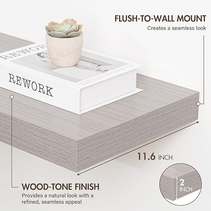 36 Inch Floating Shelves, 12" Deep Floating Shelf Wall Mounted, 36" Wall Shelves, Rustic Deep Bookshelf, Extra Deeper & Thicker Display Shelves for Bedroom, Living Room, Gray, Set of 2