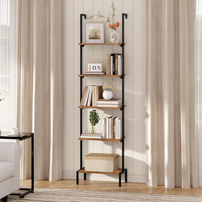 MAHANCRIS Ladder Shelf, 5-Tier Bookshelf, Ladder Bookcase with Wall Mount, Heavy Duty Industrial Style Storage Rack for Living Room, Office, Kitchen, Bedroom, Rustic Brown and Black LSHR5501