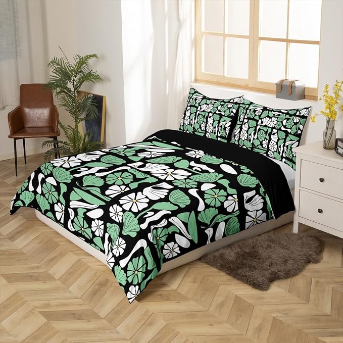Erosebridal Boho Plants Floral Comforter Cover King Retro Abstract Mid Century Geometric Bedding Set Vintage White Green Flower Patchwork Duvet Cover for Kids Adults,Modern Simple Bed Set