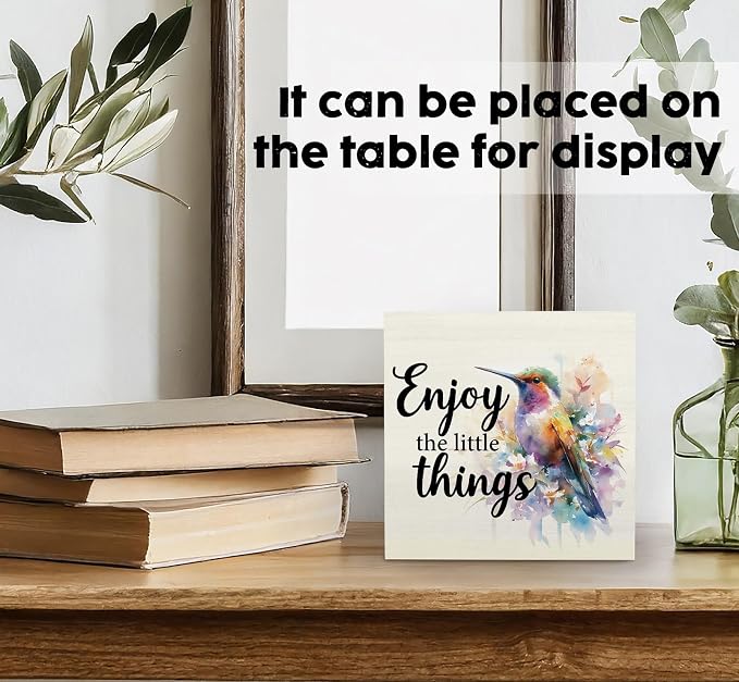 Hummingbird Decor - Hummingbird Gifts For Women, Inspirational Wooden Box Signs, Enjoy The Little Things Motivational Wood Decoration Home Decor For Desk Table Shelf 5x5 Inch