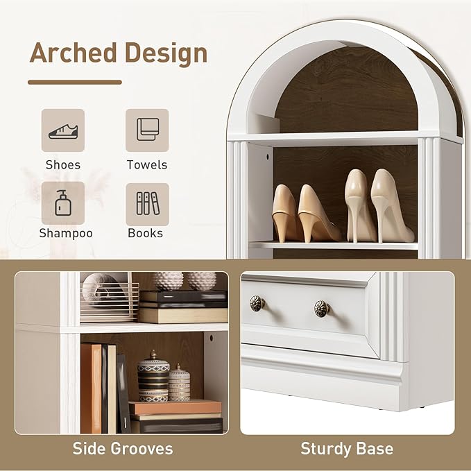 RALGEND Tall Narrow Bookshelf, Arched Bookshelf with 2 Drawers, 7-Tier Farmhouse Arch Bookcase, Wooden Book Shelf with Open Display Shelves for Office, Living Room, Kitchen, White and Walnut
