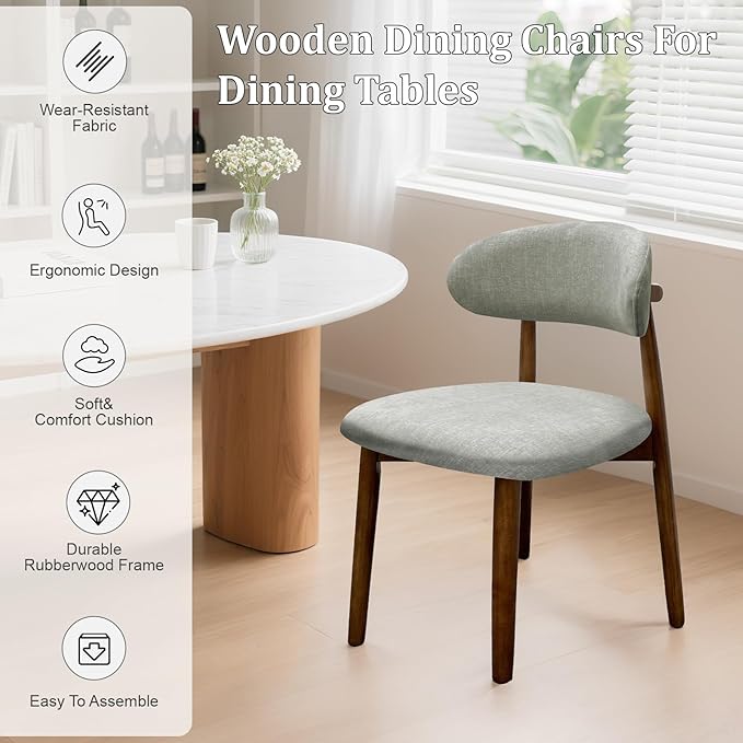 Farmhouse Dining Chairs Set of 4, Mid Century Modern Fabric Upholstered Kitchen Chairs, Wooden Dining Room Chair with Curved Back for Kitchen Dining Room Restaurant Cafe, Light Green (Only Chairs)