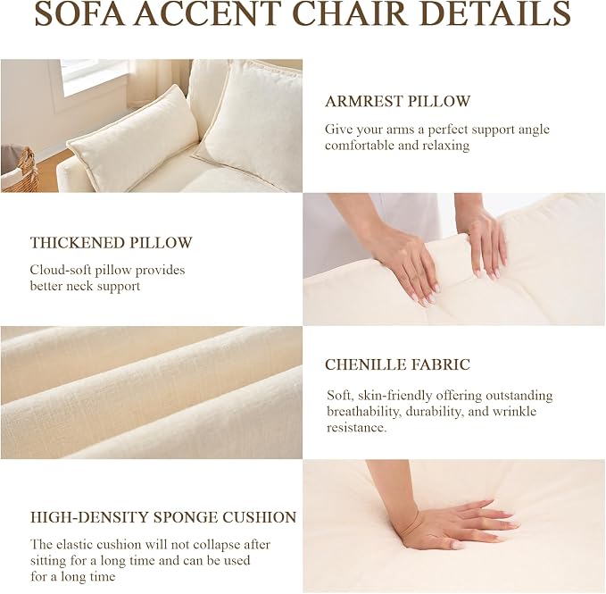 Oversized Accent Chair with Ottoman, Chenille Cloud Single Sofa Upholstered Double-Layer Seat Lounge Armchair with Pillows for Living Room Reading Apartment, Beige