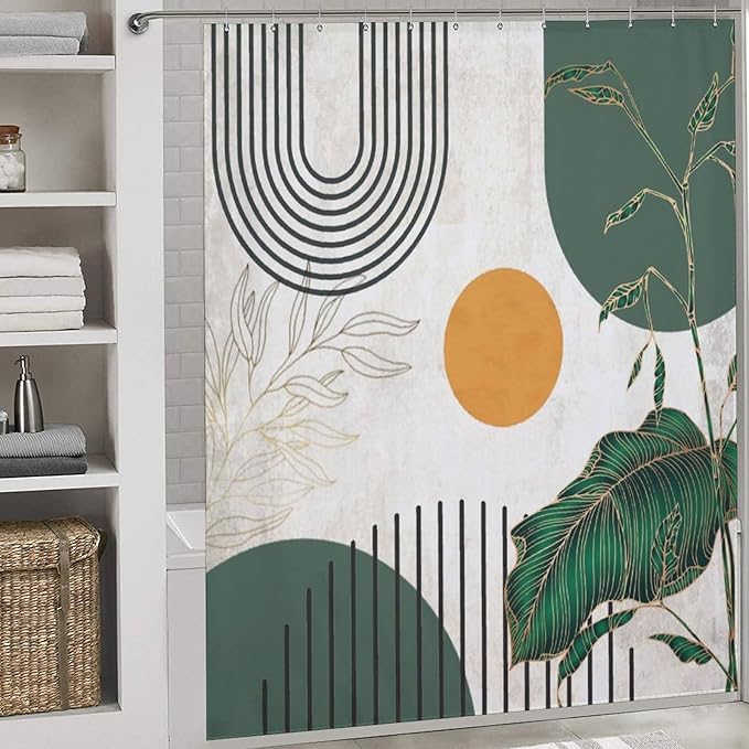 Boho Shower Curtains Abstract Modern Plant Botanical Minimalist Gold Leaf Arch Sun Pattern Duty Fabric Shower Curtain Set Bathroom Polyester Waterproof with 12 Hooks,72x72Inch（183x183cm）
