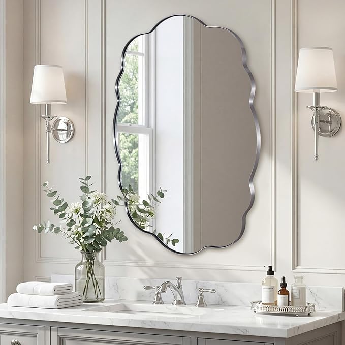 ANDY STAR Brushed Nickel Wavy Oval Bathroom Mirror, 26x38 Inch Silver Scalloped Wall Mirror, Unique Irregular Wall Mirror with Sophisticated Curved Design