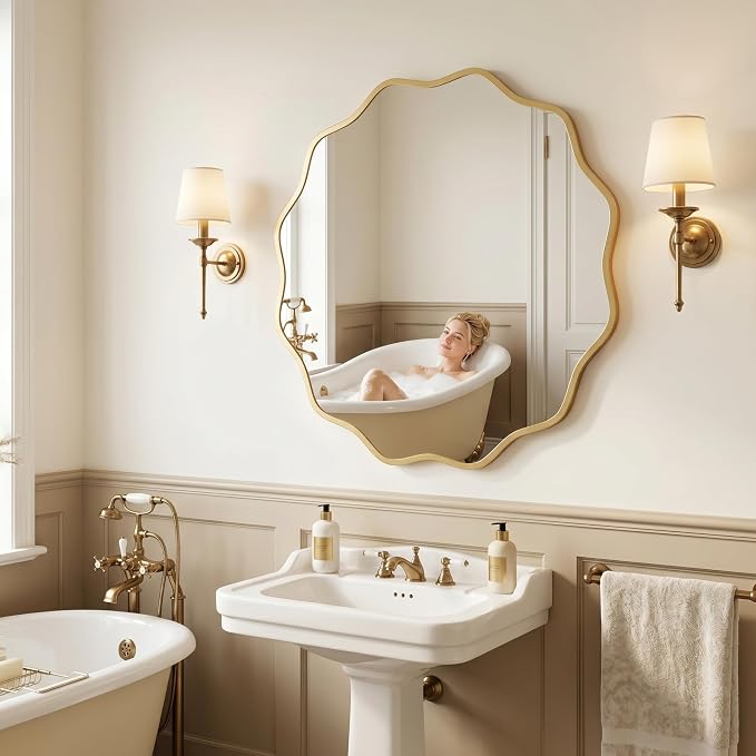 PERFNIQUE Gold Scalloped Mirror, 30'' Round Wall Mirrors Wavy Wood Framed with Tempered Glass for Bathroom Nursery Bedroom Living Room Entryway, Decorative Modern Wall Decor