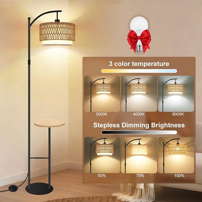 Vinaco Rattan Boho Floor Lamp with Table, Dimmable Floor Lamp with Remote Control Foot Switch, Wicker Tall Lamps 3 Color Temperatures, Adjustable Height Standing Lamps for Living Room Bedroom Office