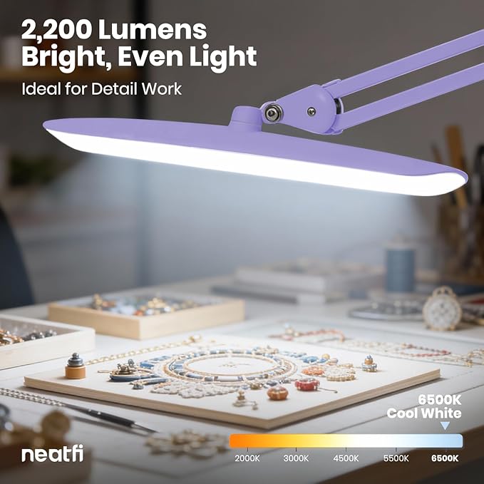 Neatfi XL Nail Desk Lamp with Clamp, 2200 Lumens, 20-Inch Wide Head, Dimmable 4 Levels, 6500K, LED Task Light for Manicure Table, Crafts, Workbench, Office (Non-CCT, Lavender)