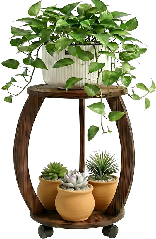 2 Tier Wooden Plant Stand Indoor with Wheels – Tall Plant Stand for 6-12 Inch Pots, Mid-Century Modern Rustic Plant Table Indoor, Pedestal Stand for Corner, Living Room, Balcony