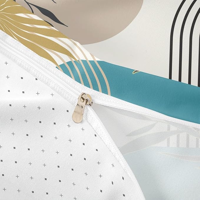 Erosebridal Beige Teal Black Duvet Cover Twin for Kids Boys Girls,Abstract Geometric Comforter Cover,Botanical Plant Leaves Bedding Set,Minimalist Aesthetic Bed Set 2 Pcs Bedroom Decor