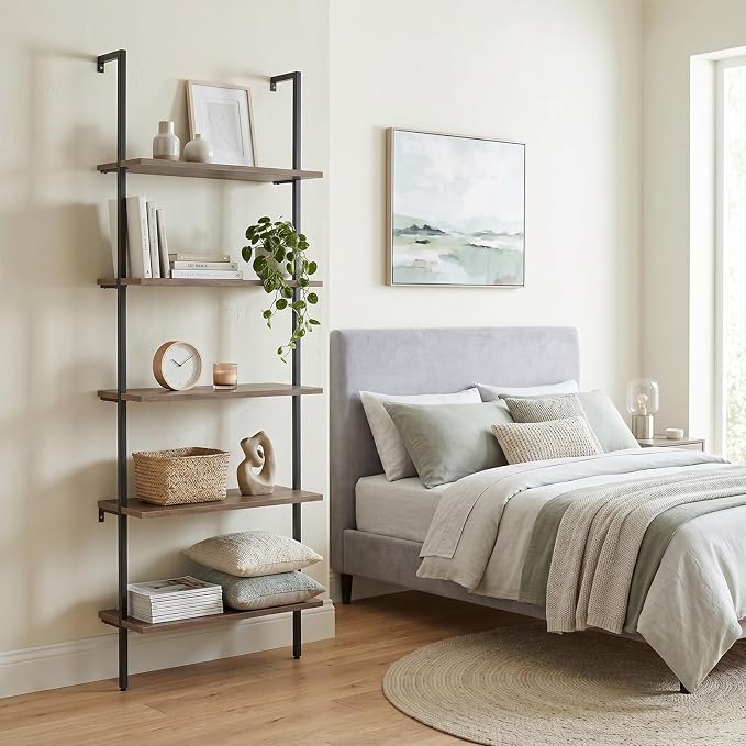 aboxoo Ladder Shelf Open Bookshelf 5-tier Wood Wall-mounted Bookcase Storage Rack Open Back Industrial Modern Plant Flower Stand Utility Organizer Bookcase Metal Frame Furniture Office Kitchen Bedroom