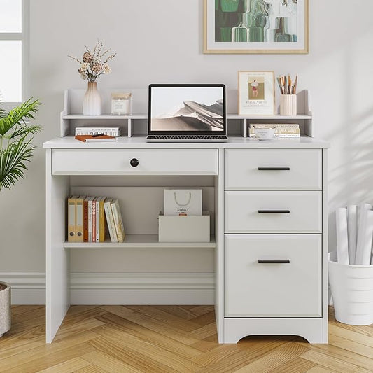 4 EVER WINNER White Desk with Drawers, 44 Inch Small Computer Desk with File Drawer and Monitor Stand, Wood Desk with Storage Shelf for Small Spaces, Living Room, Bedroom, White
