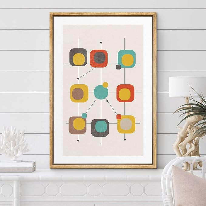 Woodrose Framed Canvas Print Wall Art Geometric Retro Color Block Variety Abstract Shapes Illustrations Modern Minimalist Chic Relax/Calm Multicolor for Living Room, Bedroom, Office - 16"x24" Natural