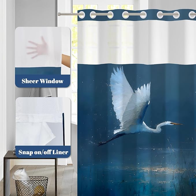 No Hook Shower Curtain and Liner Set, Flying Egret Coastal Bird Art Print - Navy Blue Waterproof Fabric Bath Curtain for Lake House Nature Inspired Bathroom Decor, Mesh Top, 71W x 74H