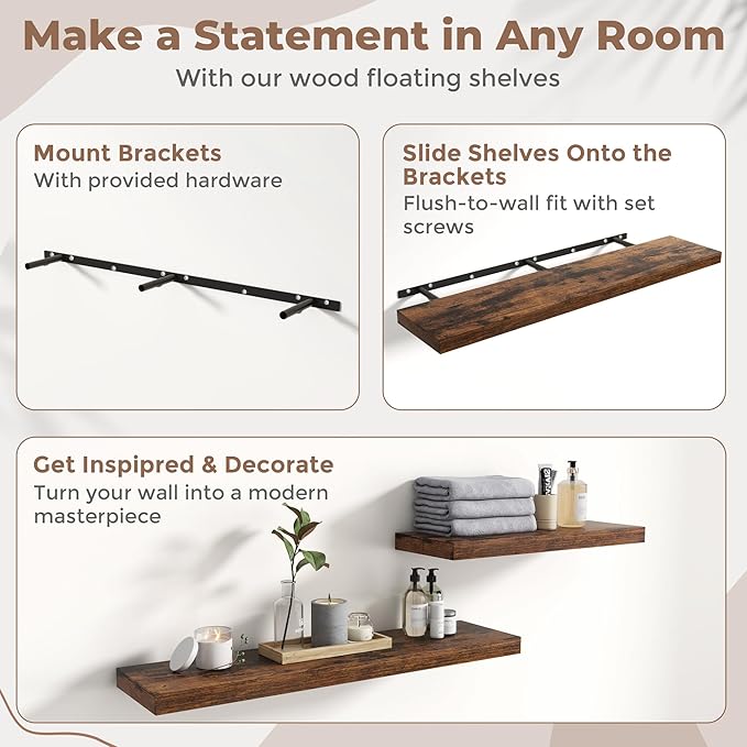 Floating Shelves for Wall with Invisible Brackets, Wall Mounted Engineered Wood Shelves with Wood Grain for Living Room, Bathroom, Kitchen Decor and Storage, Oak, 48"L Set of 2, Rustic Brown