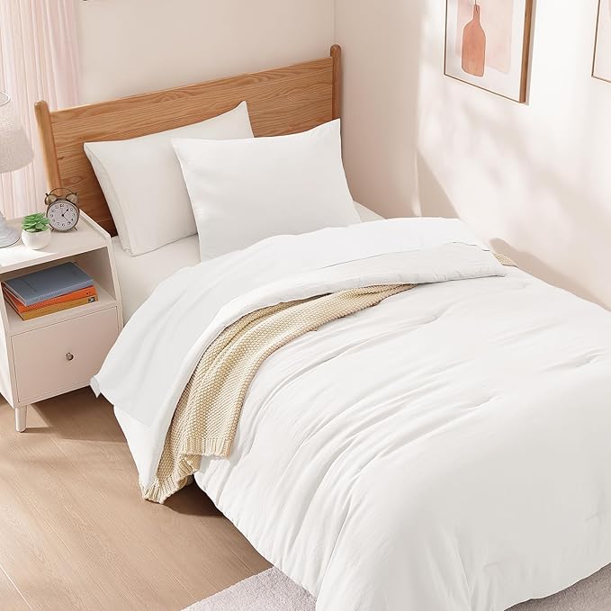WRENSONGE Twin Comforter Set- 5 Pieces White Twin Bed in a Bag, All Season Twin XL Bedding Sets with 1 Fitted Sheet, 1 Flat Sheet, 1 Pillow Sham and 1 Pillowcase