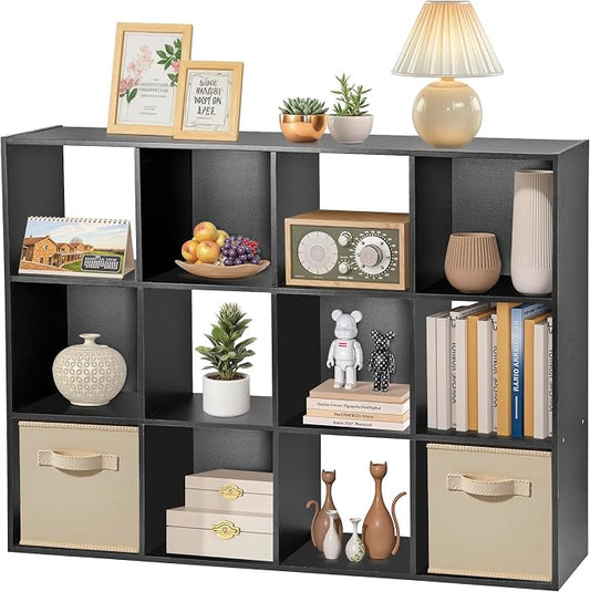 12 Cube Storage Organizer, Storage Shelf Organizer Bookshelf with Open Back, Open Shelf Bookcase, Wood Cubby Closet Cabinet Display Unit with 6 Removable Back Panels for Living Room Bedroom, Black