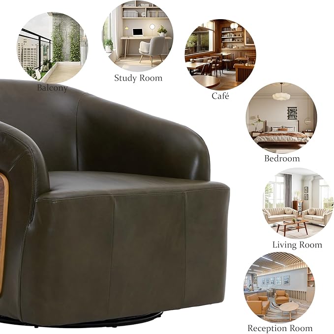 Genuine Leather Swivel Accent Chair Swivel Barrel Chair Comfortable Mid Century Modern Chair Upholstered Metal Base Armchair for Living Room Bedroom Office Large Olive Green