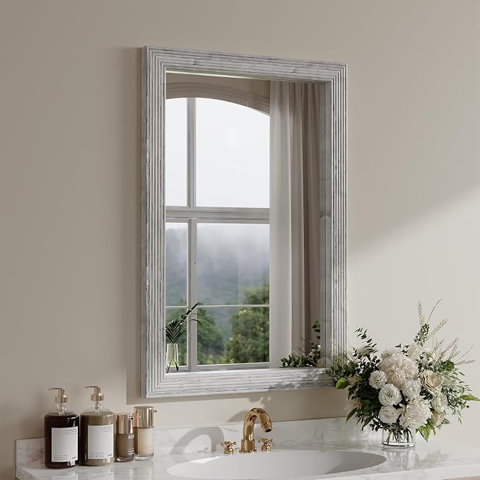 ULIKE Wood Mirror for Bathroom, Farmhouse Mirror with Rustic Frame, 24x36 Inch White Vanity Mirrors for Wall Decor of Bedroom or Living Room, Vertical or Horizontal Hanging, Rectangle