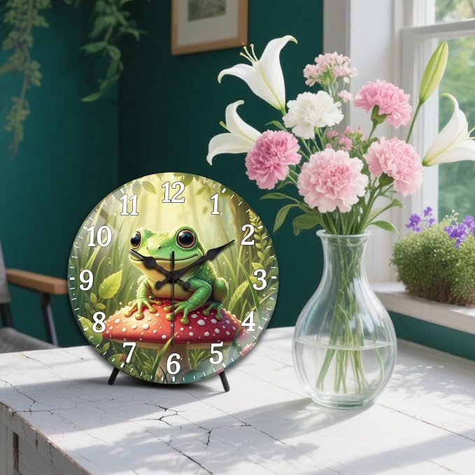 peacoblue Wall Clocks Battery Operated 12 Inch Tree Frogs with Mushrooms Glass Round Wall Clock Non Ticking for Kitchen Living Room Dining Room Bedroom and Bathroom Decor (Battery not Included)
