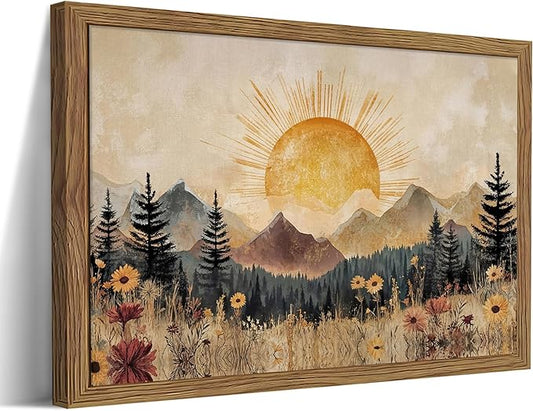 Framed Vintage Sunrise Mountain Landscape Wall Art, Golden Sunburst Meadow Forest Canvas Print, Retro Wildflower Nature Artwork, Rustic Boho Wall Decor for Living Room Bedroom Office 12x16in
