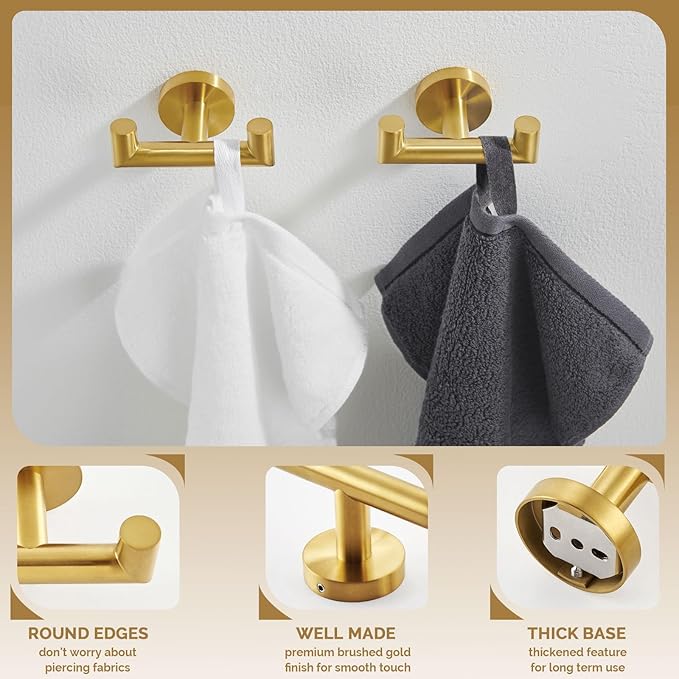Angle Simple Towel Double Hook Brushed Dark Gold 2 PCS, SUS304 Stainless Steel Bathroom Hand Towel Holder, Double Robe Hook, Wall Mount