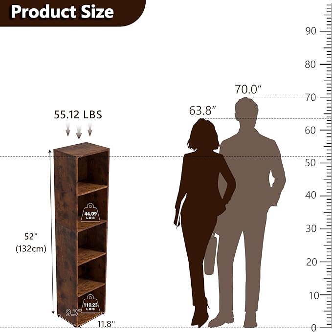 5-Tier Wooden Cube Storage Organizer, 52 Inch Tall Bookcase & Display Shelf with 5 Open Cubes, Freestanding DIY Closet Shelving Unit for Living Room Office(Retro Brown, 5 Cube-W(11.8inch)