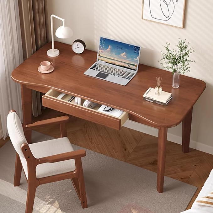 Solid Wood Desk with Drawer, Small Work Desks Writing Table for Home Office, Mid Century Modern Computer Desk for Small Spaces(55" W, Walnut)