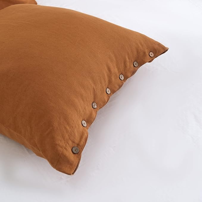 Simple&Opulence 100% Linen Euro Shams with Coconut Button (26'' x 26'') - Pack of 2 - Washed Solid Color Natural Flax Soft Breathable - Rust