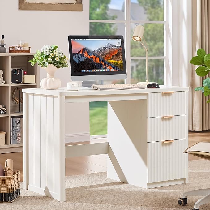48" Modern Fluted Executive Desk with Storage Cabinet, White Large Home Office Desk with File Drawer & Metal Handles, Wood Computer Writing Table for Office,Study, Bedroom,Living Room