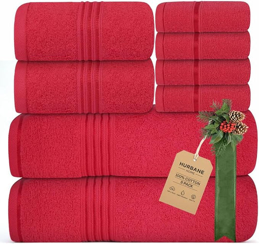 8 Piece Bath Towels for Bathroom - 100% Cotton, Soft Absorbent Bathroom Towels Set - 2 Extra Large Bath Towels, 2 Hand Towels & 4 Washcloths - Hotel Spa Thick Plush Towel, Red